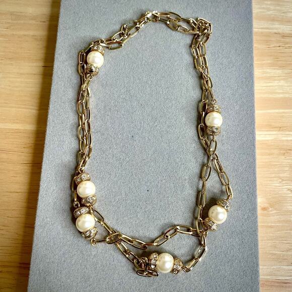 Gold Tone Paper Clip Chain Faux Pearl Rhinestone Station Necklace - Picture 1 of 3